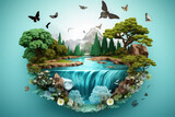 Concept of ecology and world water day , Paper art design of preserving natural resources
