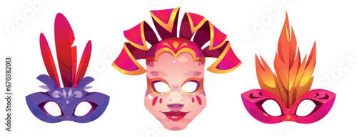 Carnival masks set isolated on white background. Vector cartoon illustration of masquerade costume elements for face decorated with colorful feather, Venice festival show, Italian traditional art