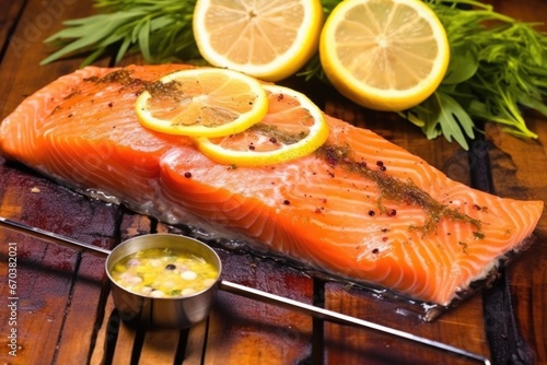 salmon fillet on cedar plank with a meat thermometer