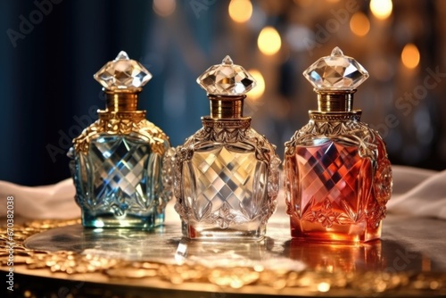 extravagant perfume bottles under spotlights