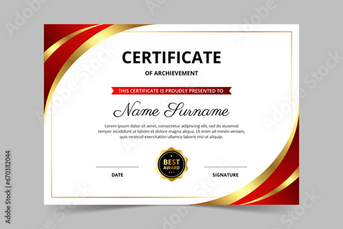 Modern elegant red and gold certificate template. Appreciation for business and education. Vector illustration