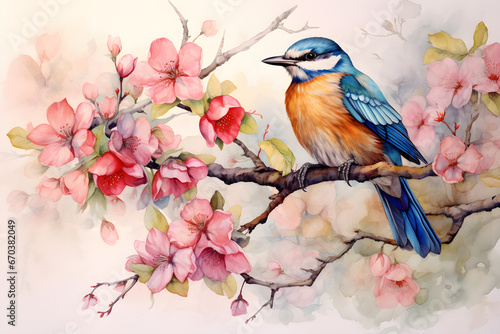 painting of a bird in bright, beautiful colours among flowers, roses, branches and butterflies, vintage drawing in a Japanese style, a painting for the interior art drawing © sam