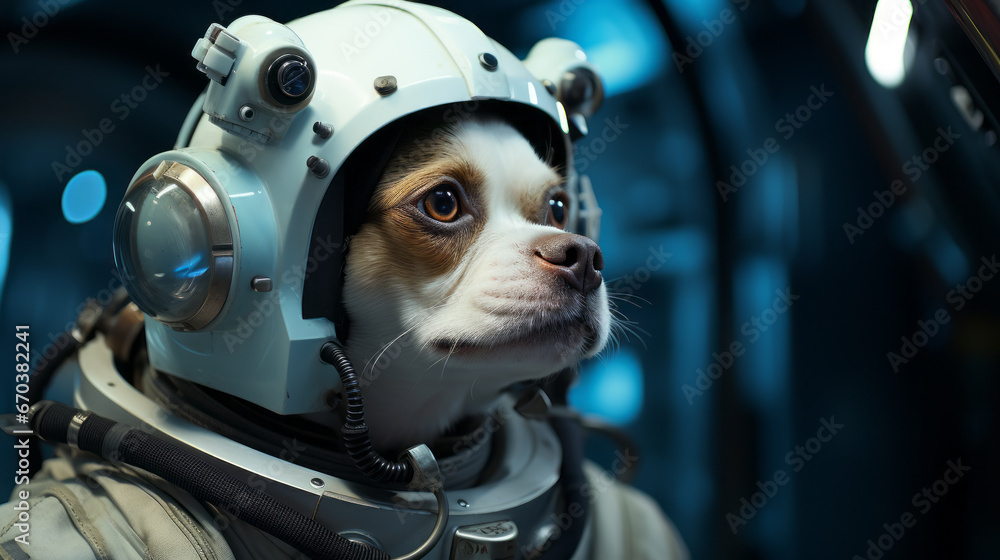 Fototapeta premium Dog in space suit in cosmic galaxy, fantasy astronaut in spaceship.