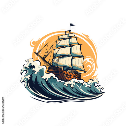 Illustration of a sailboat in the sea waves, vector illustration, Generative AI.