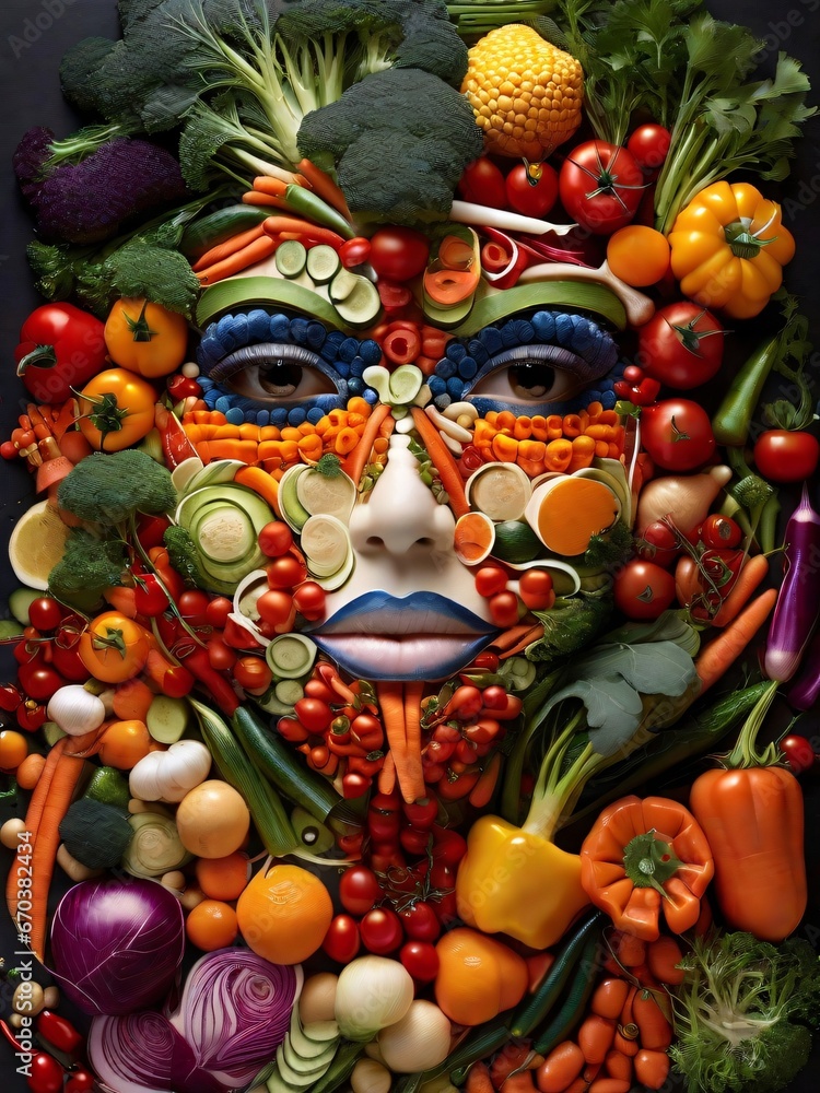 a human face composed of different types of vegetables. Generative Ai.