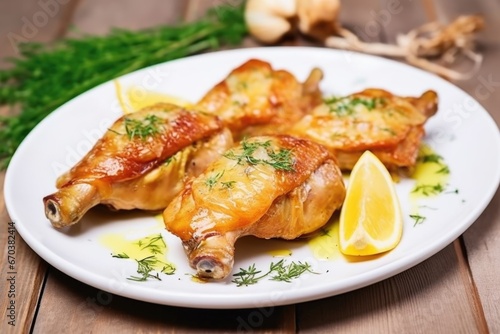 close-up of chicken legs with crispy skin and glossy garlic butter layer on white dishware