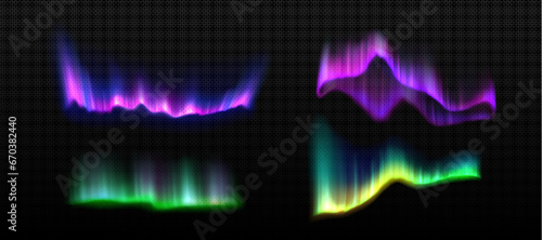 Northern aurora light and night polar borealis vector. Isolated transparent boreal with green and purple shine graphic overlay texture set. Lapland realistic gradient illustration with neon reflection