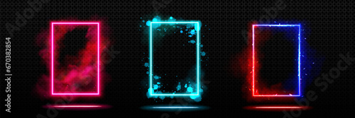 Neon lights doors set isolated on transparent background. Vector realistic illustration of red, turquoise, blue rectangle frame portals with smoke, sparkling, glow effects, magic gate, cyber teleport