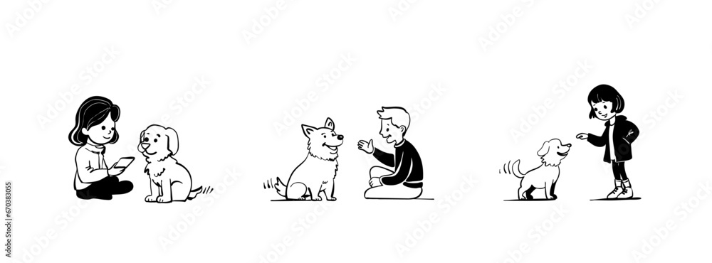Set of kids playing with dogs. Vector Illustration doodle style