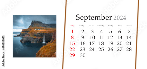 Set of horizontal flip calendars with amazing landscapes in minimal style. September 2024. Dramatic autumn morning on Mulafossur Waterfall, Gasadalur village, Faroe Islands, Denmark, Europe. photo