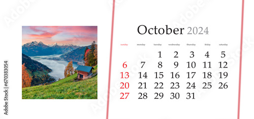 Set of horizontal flip calendars with amazing landscapes in minimal style. October 2024. Fantastic morning scene of Zell lake, Austria. Great autumn sunrise view of Austrian town - Zell am See.
