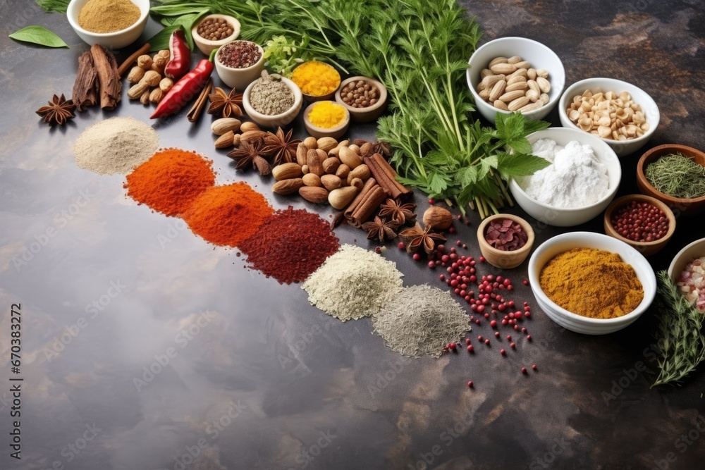 a layout of colorful spices and herbs on a smooth granite countertop