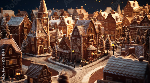 Gingerbread city concept. Illustration of small cartoon city. Snow covered town made from gingerbread. Happy Holidays with gingerbread houses. Space for text. 