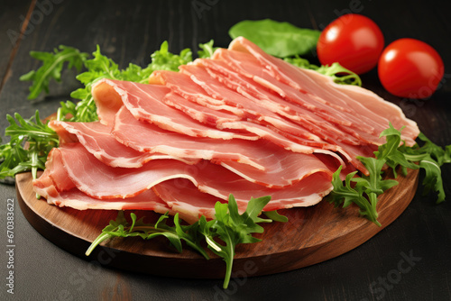 Sliced ham with arugula leaves