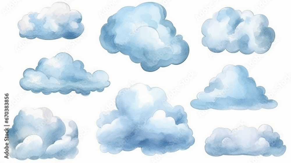 a set of watercolor painted clouds on a white background isolated. a set of watercolor painted clouds on a white background isolated.