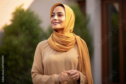 Portrait of happy young muslim woman wearing hijab, outdoors. photo