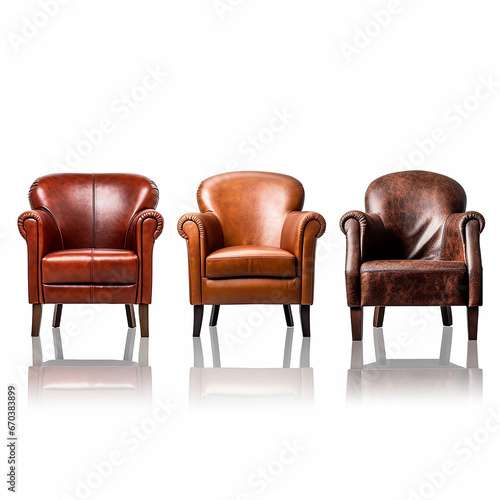 collection of three luxury leather chairs isolated on a white background.