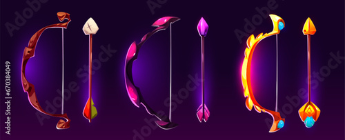 Bow and arrow with neon glowing decorative elements and magic powers for game levels or rank. Cartoon vector illustration set of fantastic wooden, stone and gold archery shoot weapon for rpg.