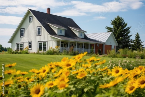 farmhouse with barn annex, captured amidst blooming sunflowers