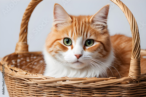 A kitten with cute green eyes is resting comfortably in a basket. It feels cozy on a white background. Generative AI