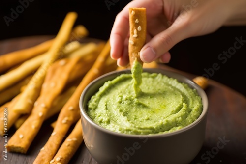 a snapshot of a hand holding a breadstick dunked in fava bean dip