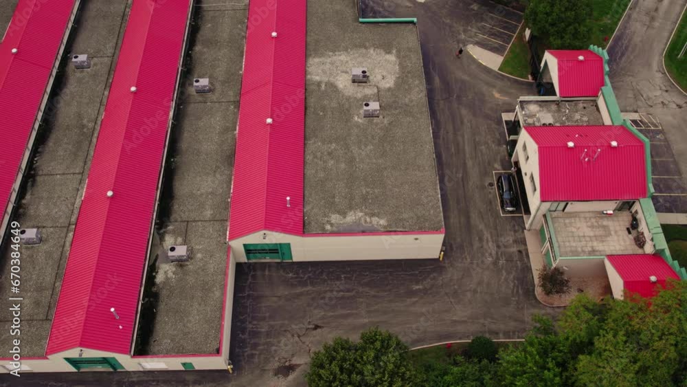 entrance of a rental public storage. High angle aerial in the summer, entrance of a rental public storage. High angle aerial in the summer,