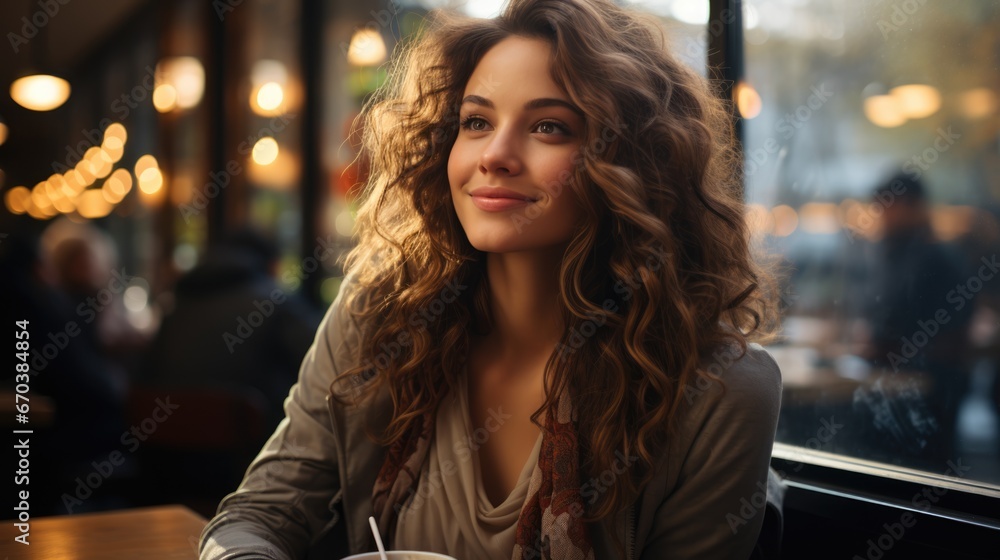 a woman sitting at a table with a cup of coffee, attractive woman, attractive girl, beautiful woman