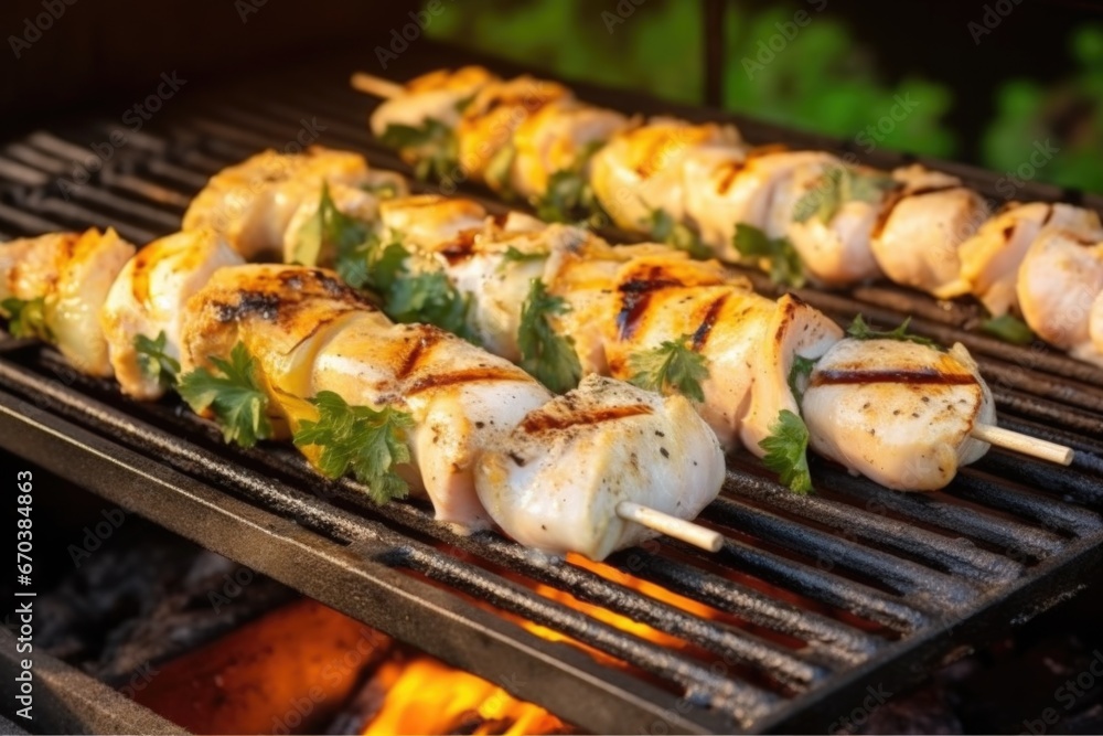grilled fish skewers resting atop a hot barbecue grill