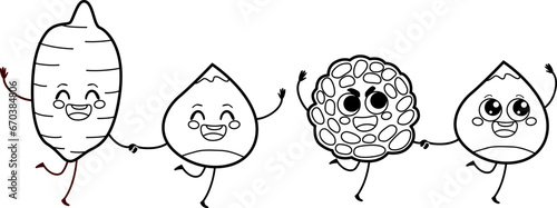 Funny panellet, sweet potato and chestnuts friends walking together cartoon vector illustration. Hand drawn linear of happy food characters isolated in white background celebrating castanyada. Drawing