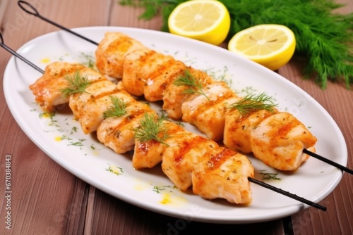several skewered fish fillets coated in a rich marinade