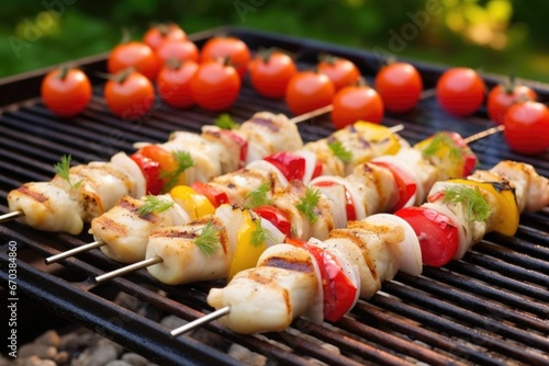 fish skewers with tomatoes and onions on a grill rack