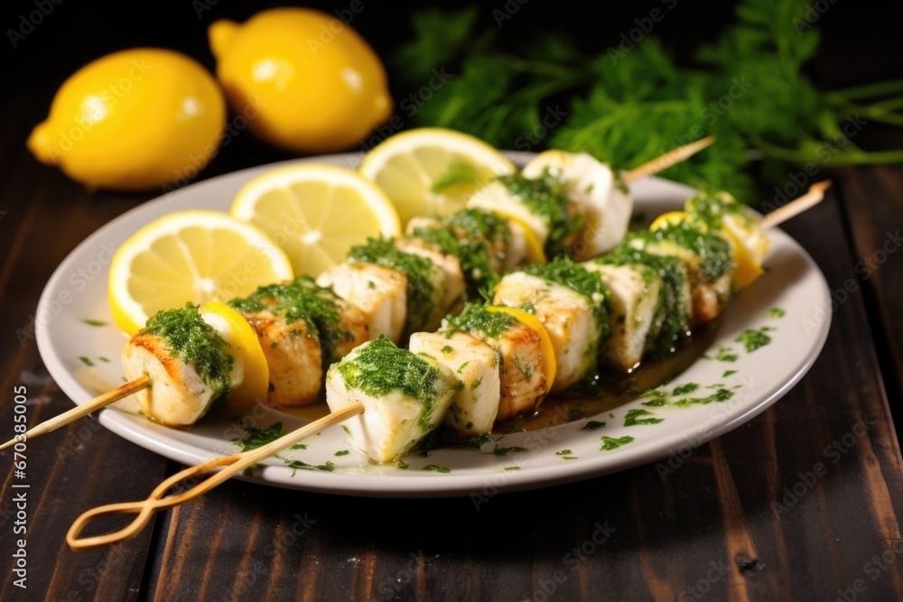 fish skewers paired with lemon slices and parsley