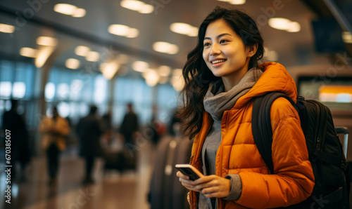 Wanderlust and Work: Asian Businesswoman Waits for Flight, Smartphone in Hand