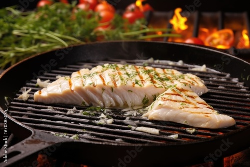 grilled fish steak being flaked apart on a skillet