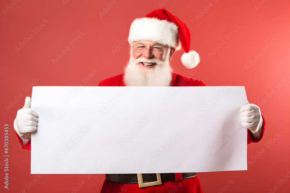 Naklejka premium Happy Santa Claus holding blank advertisement banner red background with copy space. Smiling Santa Claus pointing in white blank sign