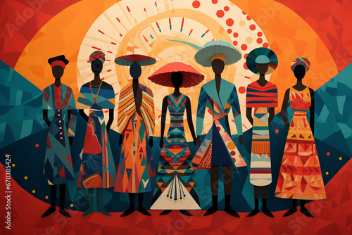 A group of people from different backgrounds, each one wearing traditional clothing and holding objects that represent their culture, standing together in unity. geomatric shapes and abstract patterns