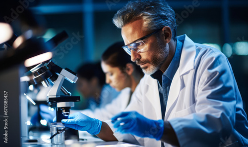 Focused Scientist Utilizing Computer for Research in Modern Laboratory