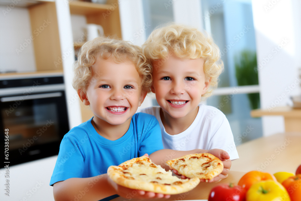 two little blond children smiling holding some slices of pizza
