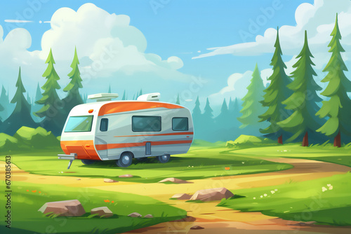 illustration of caravan parked on a green grass meadow surrounded by green pine trees with blue sky in the background © Alvaro