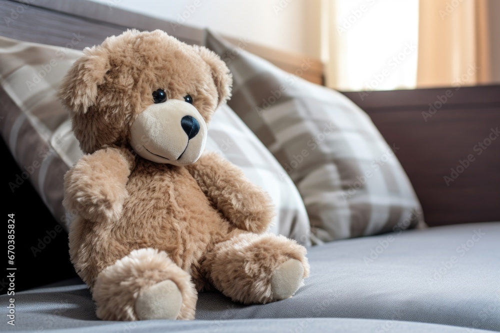 a stuffed animal propped against a pillow a stuffed animal propped against a pillow