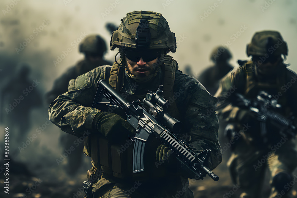 Soldiers in Combat Gear Advancing Cautiously in the Field Soldiers in Combat Gear Advancing Cautiously in the Field