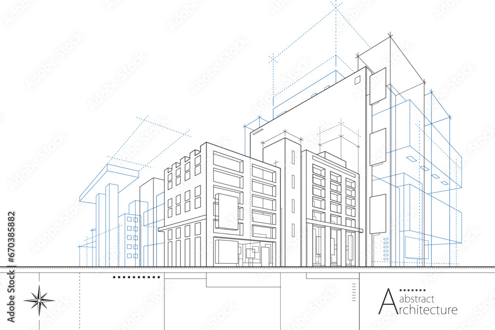 3D illustration abstract urban building out-line drawing of imagination architecture building construction design. - obrazy, fototapety, plakaty 