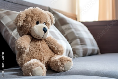 a stuffed animal propped against a pillow