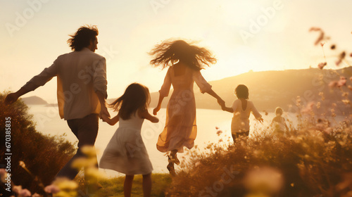 family running holding hands against the light towards the evening sun