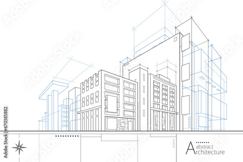 3D illustration abstract urban building out-line drawing of imagination architecture building construction design. photo