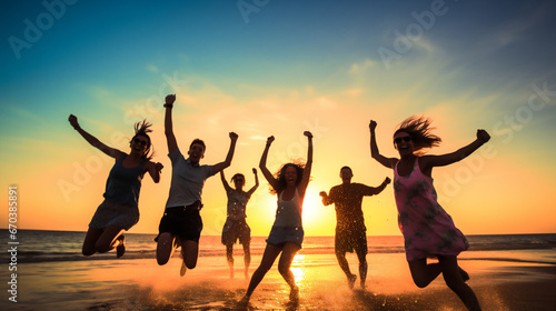group of friends jumping on the beach back light with the sunset sun in the background