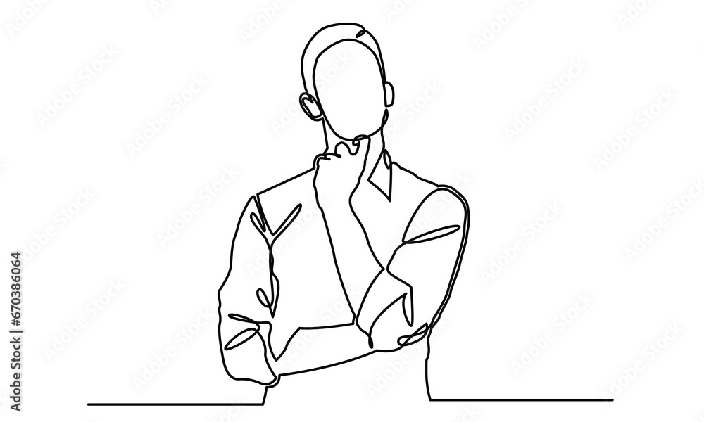 Continuous line drawings of a young man thinking.worried man thinking problem about businessman
confused vector illustration. one line drawing of a thinking man. 