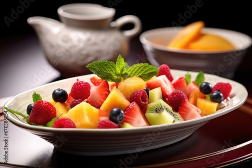 serving a generous scoop of mixed fruit salad on a porcelain dish