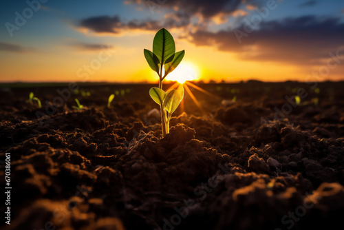 green sprout coming out of the ground with the sunset sun in the background photo