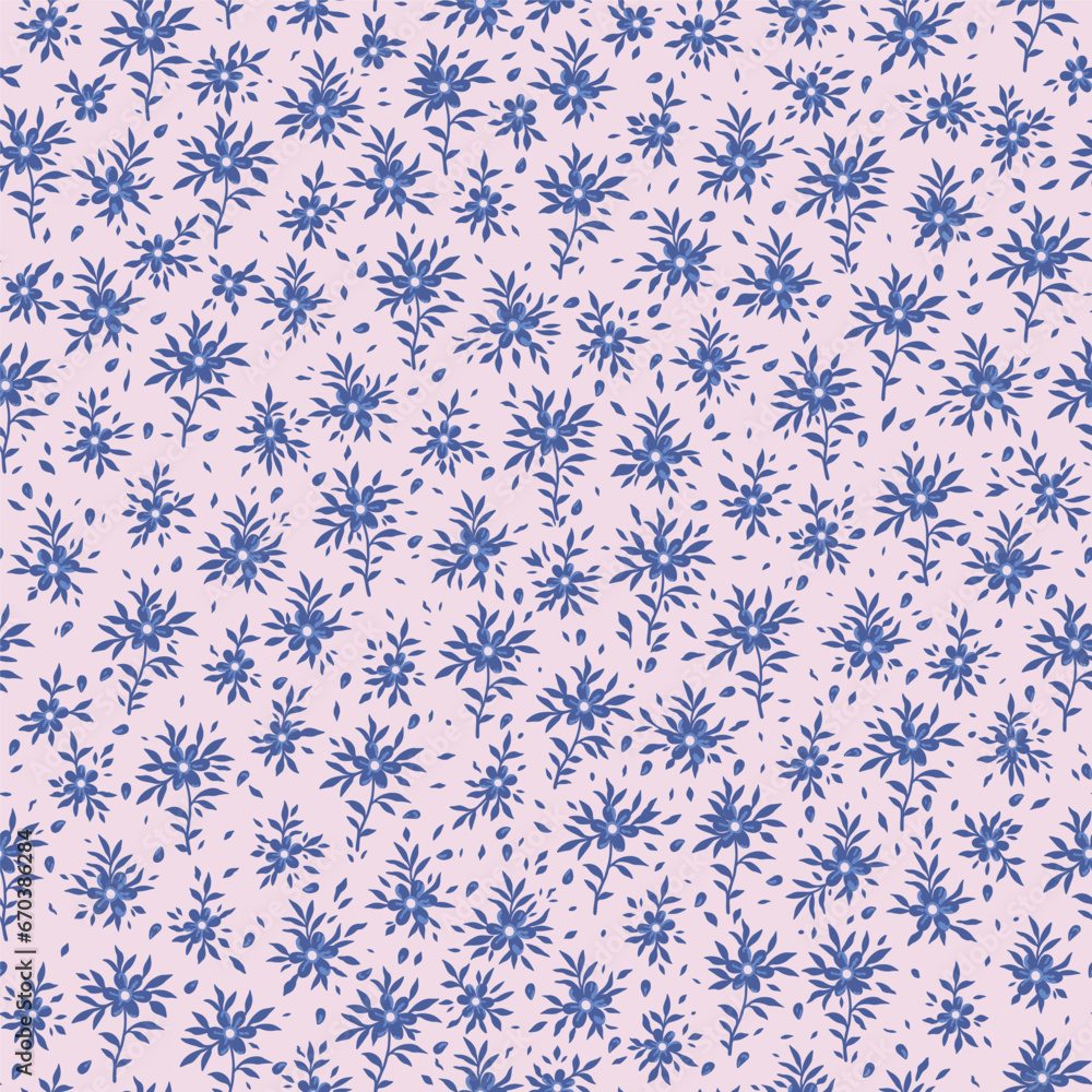Botanical pattern of flowers and leaves on a pink background. A pattern of blue flowers and leaves. Seamless vector illustration. Botanical pattern of flowers and leaves on a pink background. A pattern of blue flowers and leaves. Seamless vector illustration.